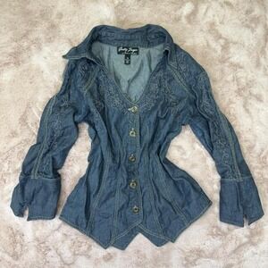 Boho embroidered‎ denim corset blouse bell sleeve artisan western-Gretty Zueger